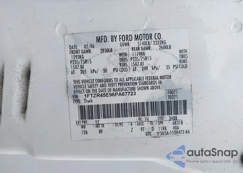 2006 Ford Ranger Fx4 Level Ii/Fx4 Off-Road/Sport/Xlt z USA, uszkodzony, nr VIN 1FTZR45E96PA67723